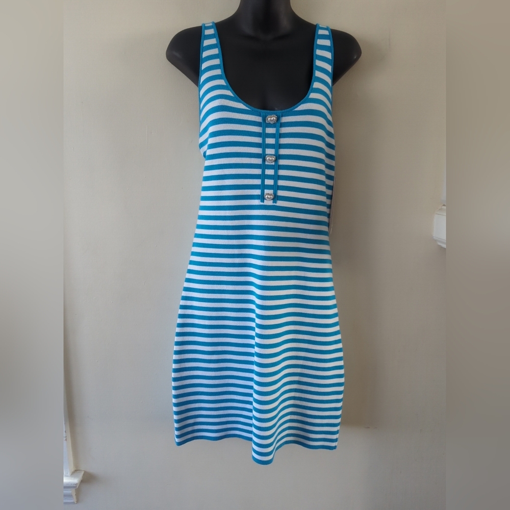Blue and White Striped AQUA Barbie Tank Dress Feminine Size XL Heart Buttons